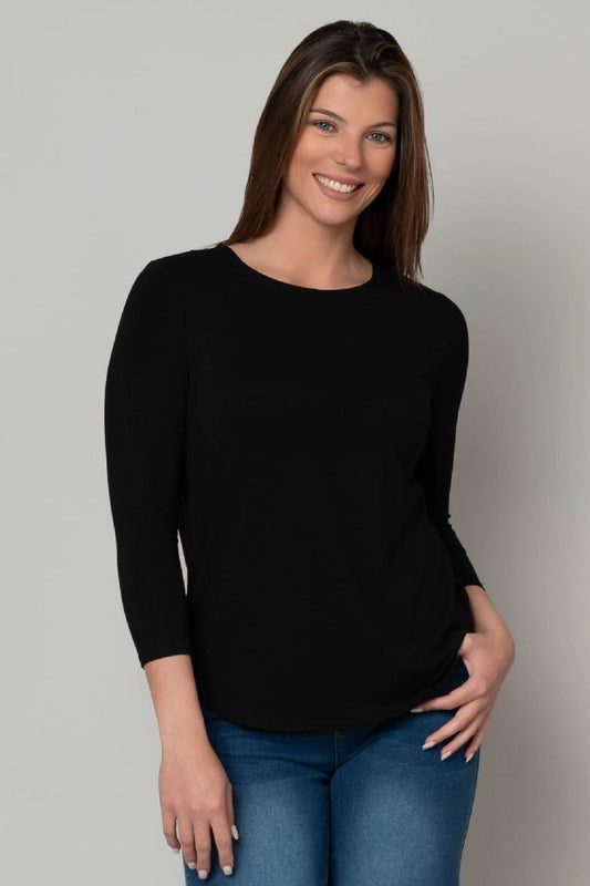 Juliana Crepe 3/4 Sleeve Hi-Lo Tee - Black