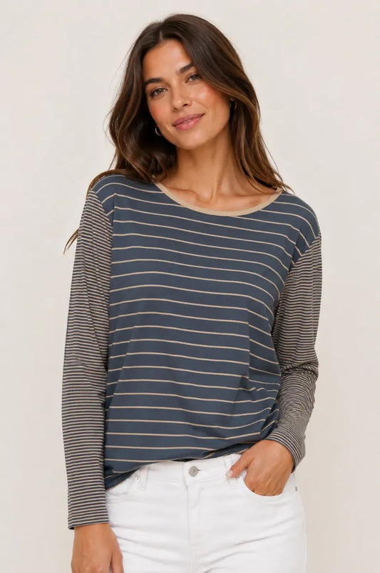 L/S Crew Neck Jersey Knit Striped Tee - Charcoal
