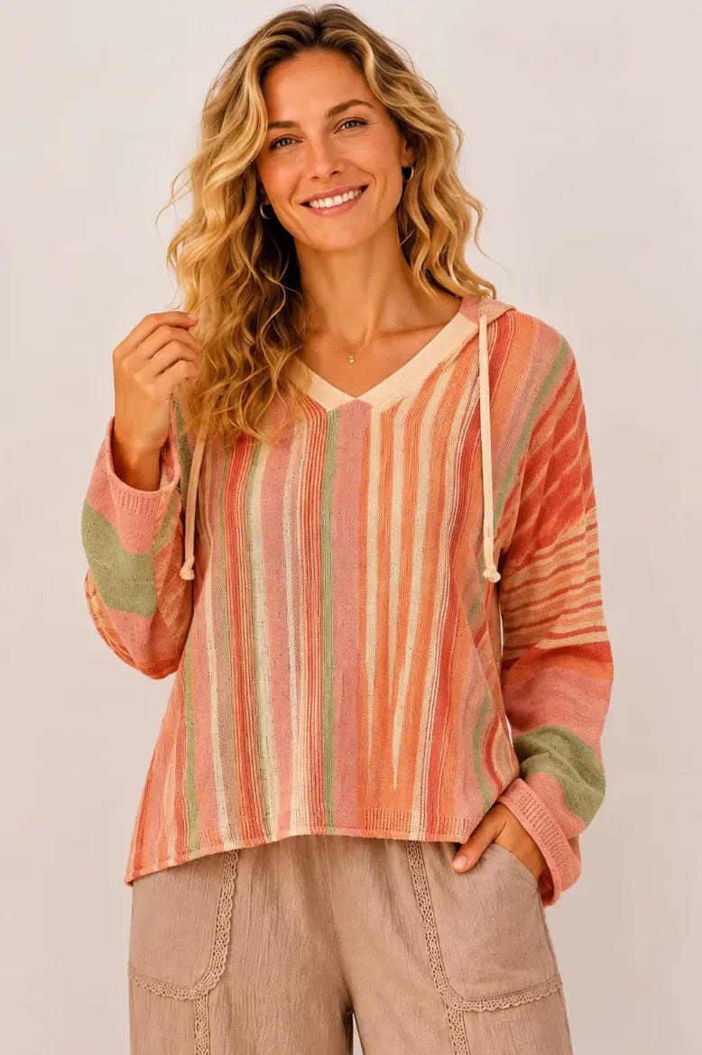 Textured Open Knit Striped Pullover Lightweight Hoodie Sweater