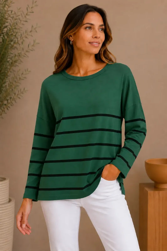 Ruched Sleeve Striped Jersey Knit Tee