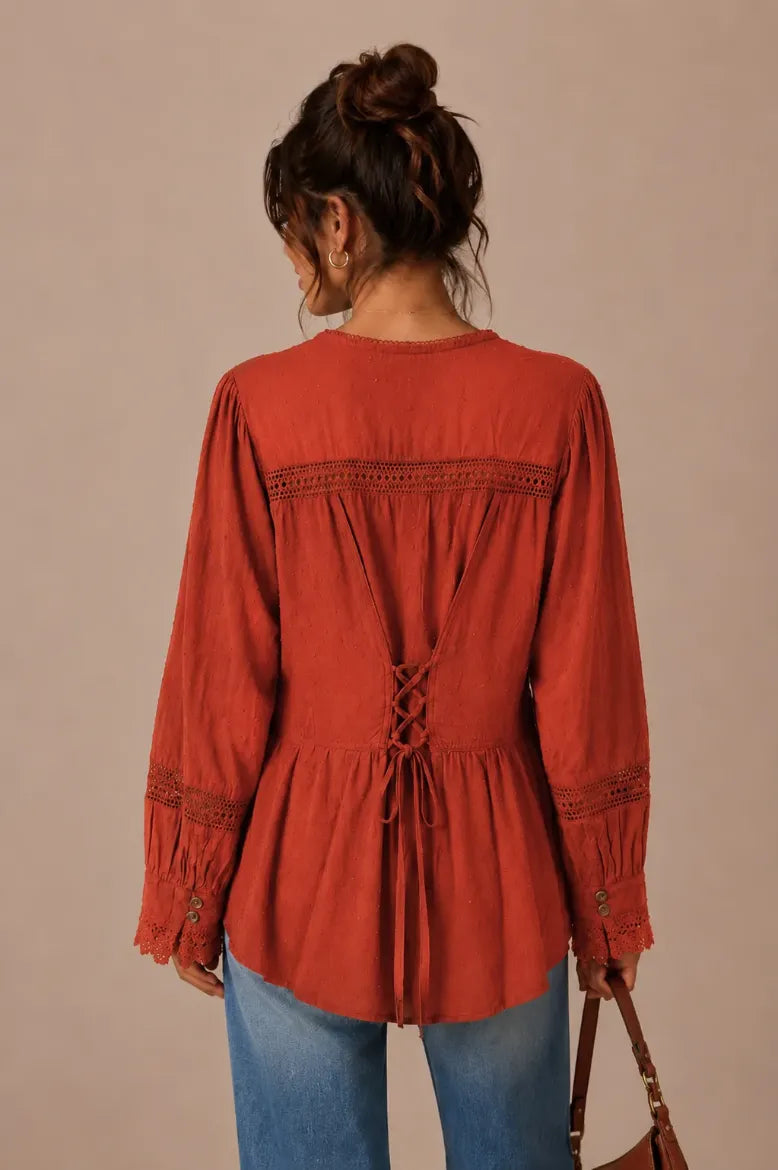 Swiss Dot Crochet Trim Button Down Top - Rust
