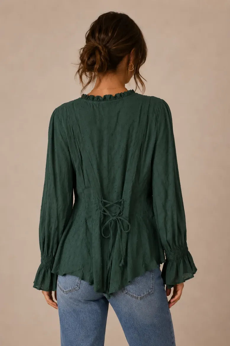 Swiss Dot Peasant Sleeve Button Down Top - Hunter