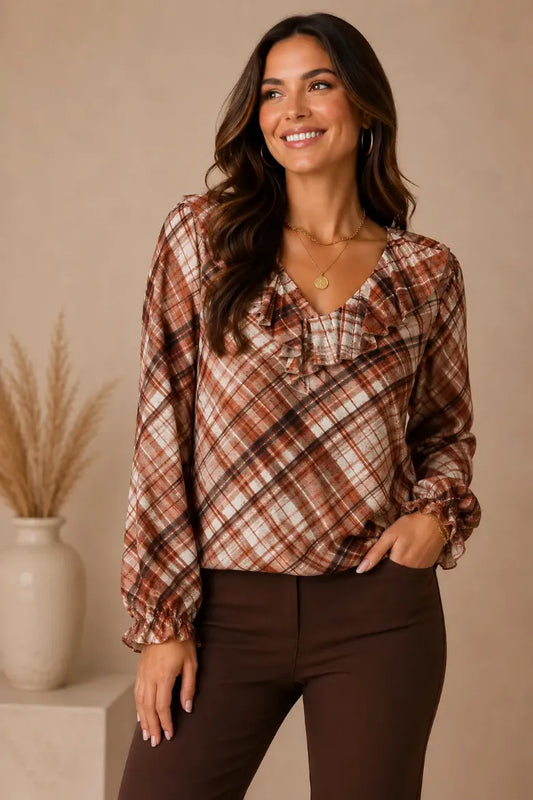 Plaid Linique Ruffle Peasant Sleeve Top