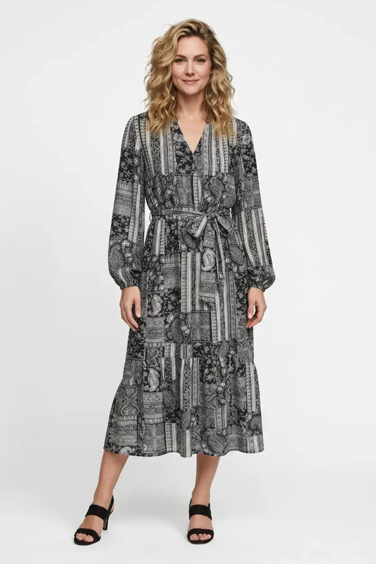 Georgette Banadana Print Self Sash Midi Dress