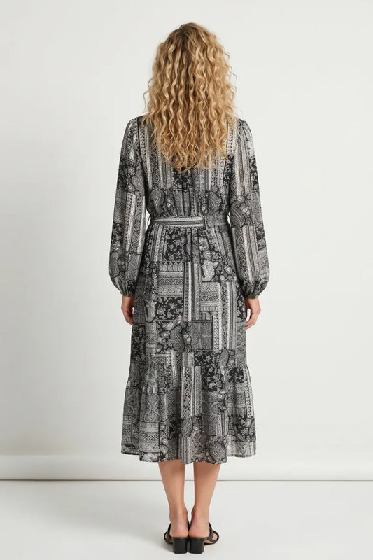 Georgette Banadana Print Self Sash Midi Dress