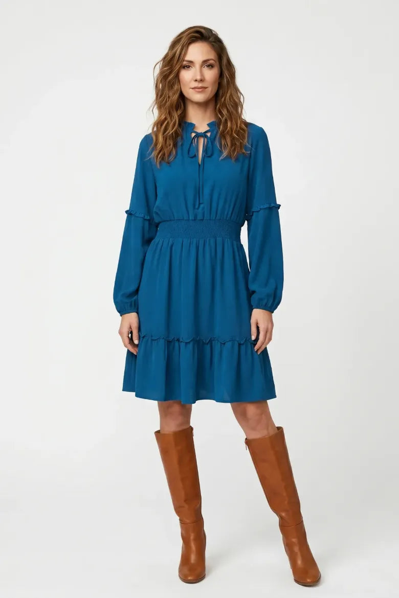Air Flow Balloon Sleeve Tie Front Dress - Teal