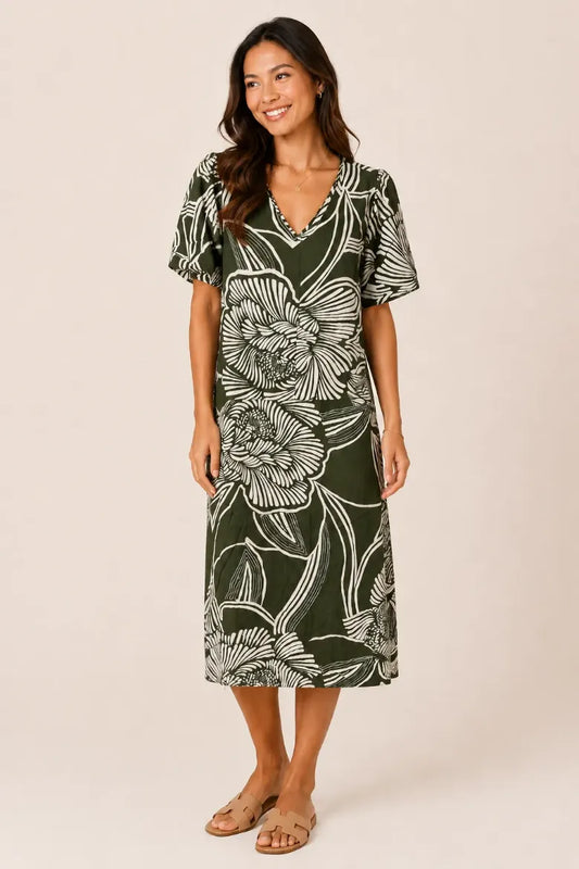 Puff Sleeve V-Neck Midi Dress - Green