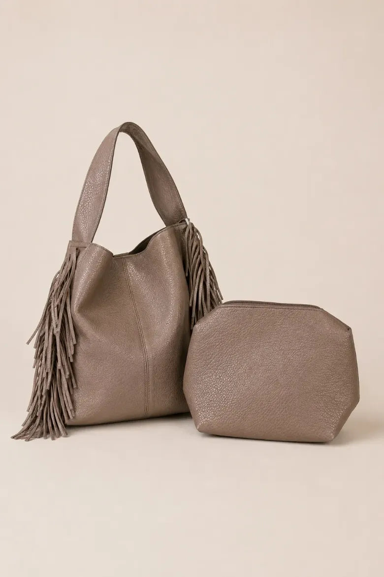 The Lola Vegan Leather Side Fringe Hobo Bag - Taupe