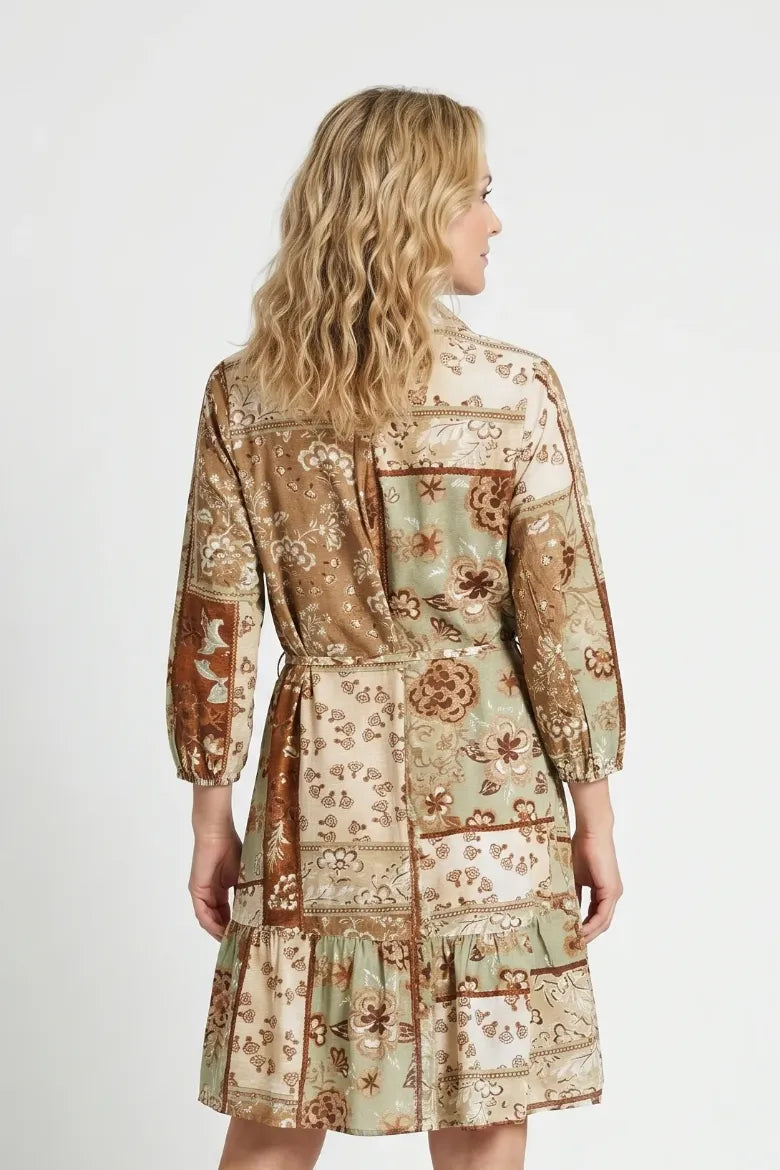 Linique Floral Self Sash Button Front Dress Green Brown
