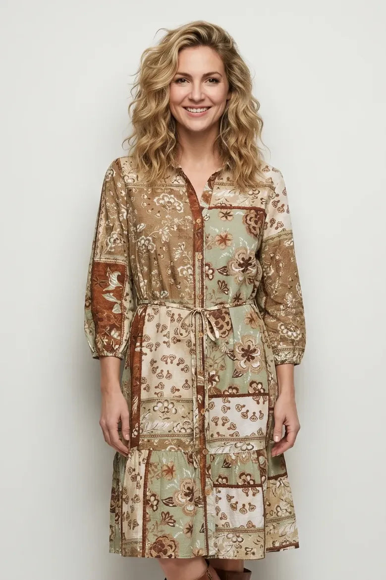 Linique Floral Self Sash Button Front Dress Green Brown