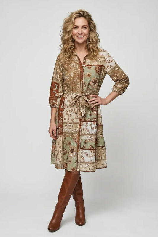 Linique Floral Self Sash Button Front Dress Green Brown