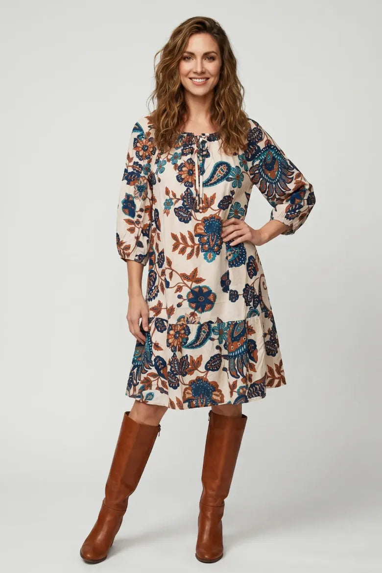 Challis Paisley Tie Front Ruffle Hem Dress