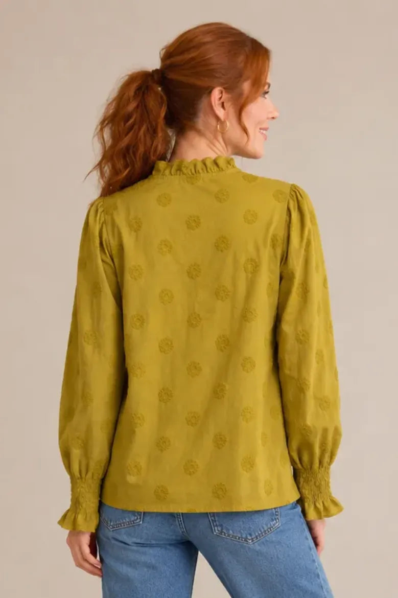 Embroidered Ruffle Neck Blouse - Ginger