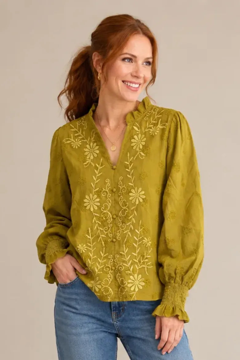 Embroidered Ruffle Neck Blouse - Ginger