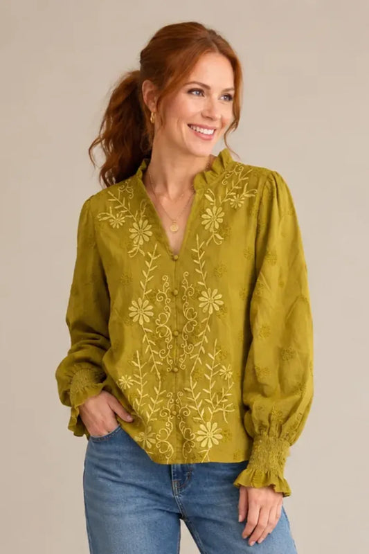 Embroidered Ruffle Neck Blouse - Ginger