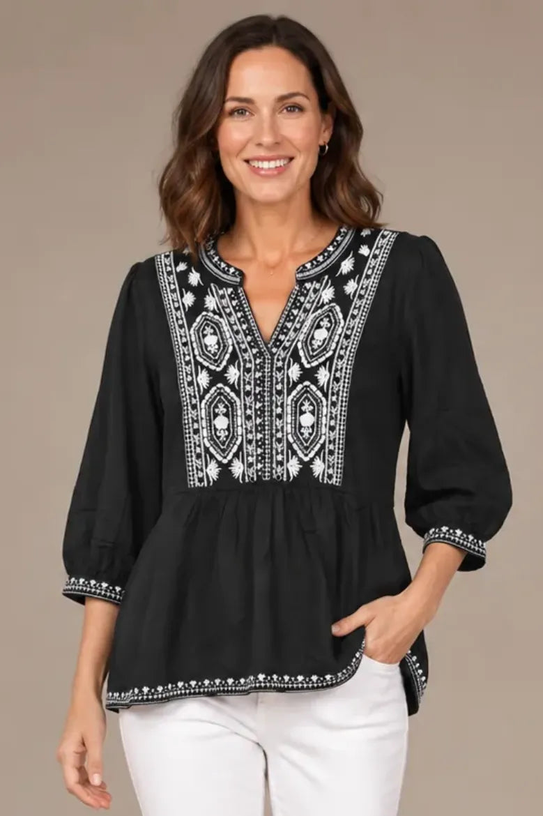 Embroidered Split Neck 3/4 Sleeve Blouse - Black/White