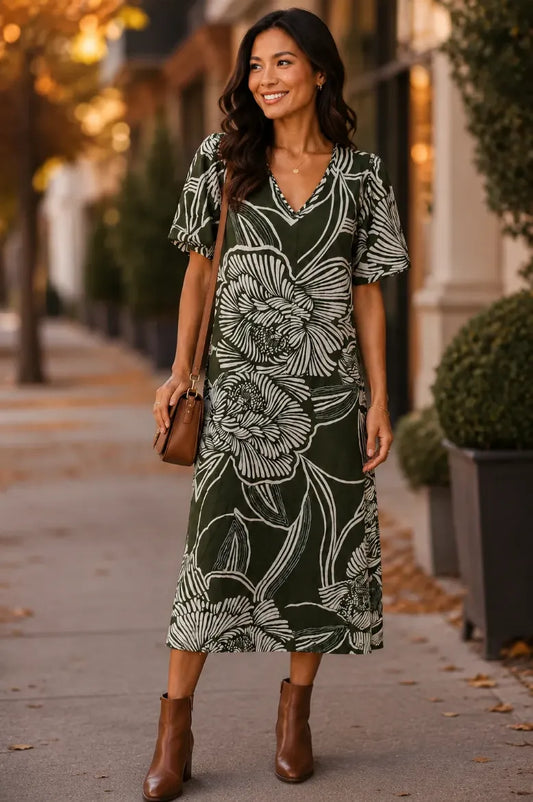 Puff Sleeve V-Neck Midi Dress - Green