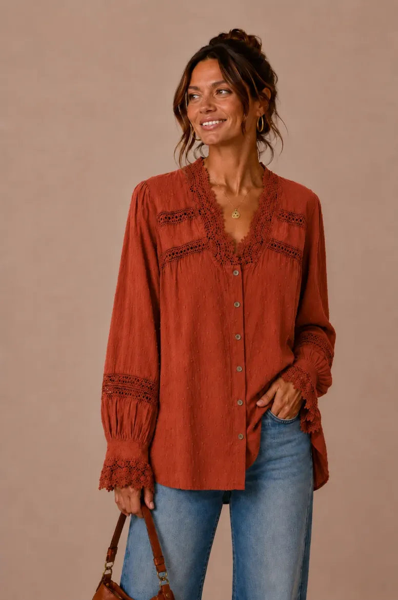 Swiss Dot Crochet Trim Button Down Top - Rust
