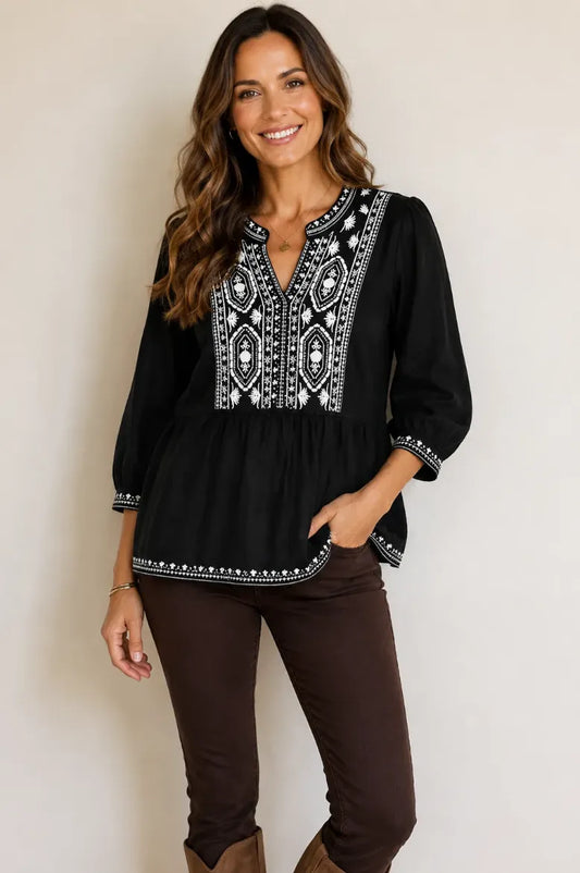 Embroidered Split Neck 3/4 Sleeve Blouse - Black/White