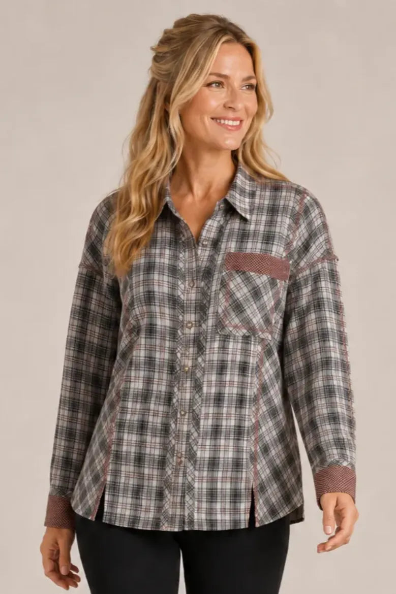 Mixed Plaid Button Down Top
