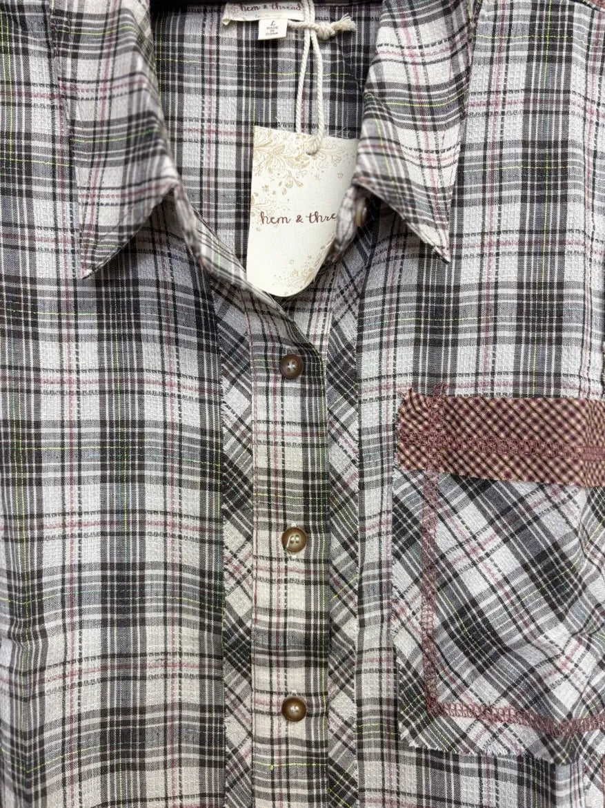 Mixed Plaid Button Down Top