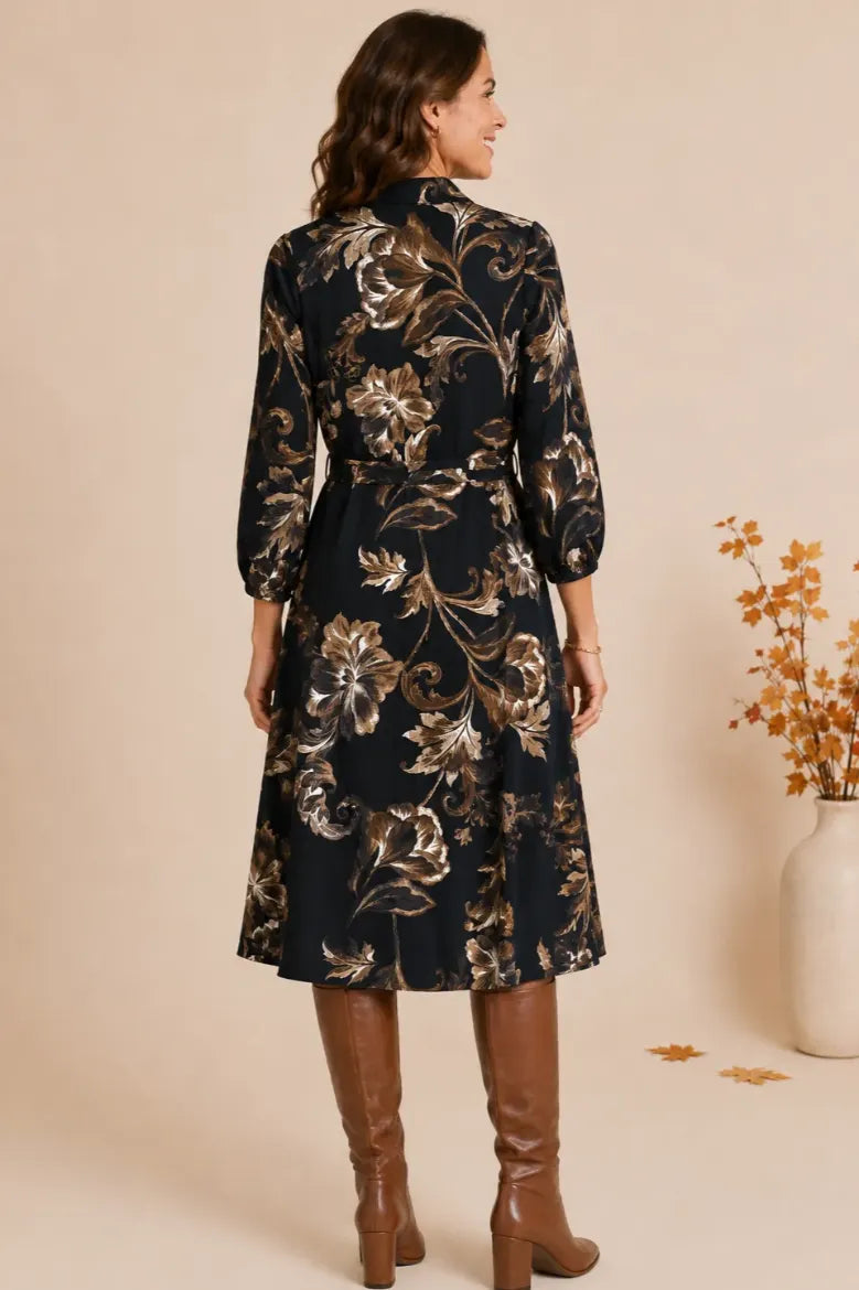 Linique Baroque Button Front Self Sash Midi Dress
