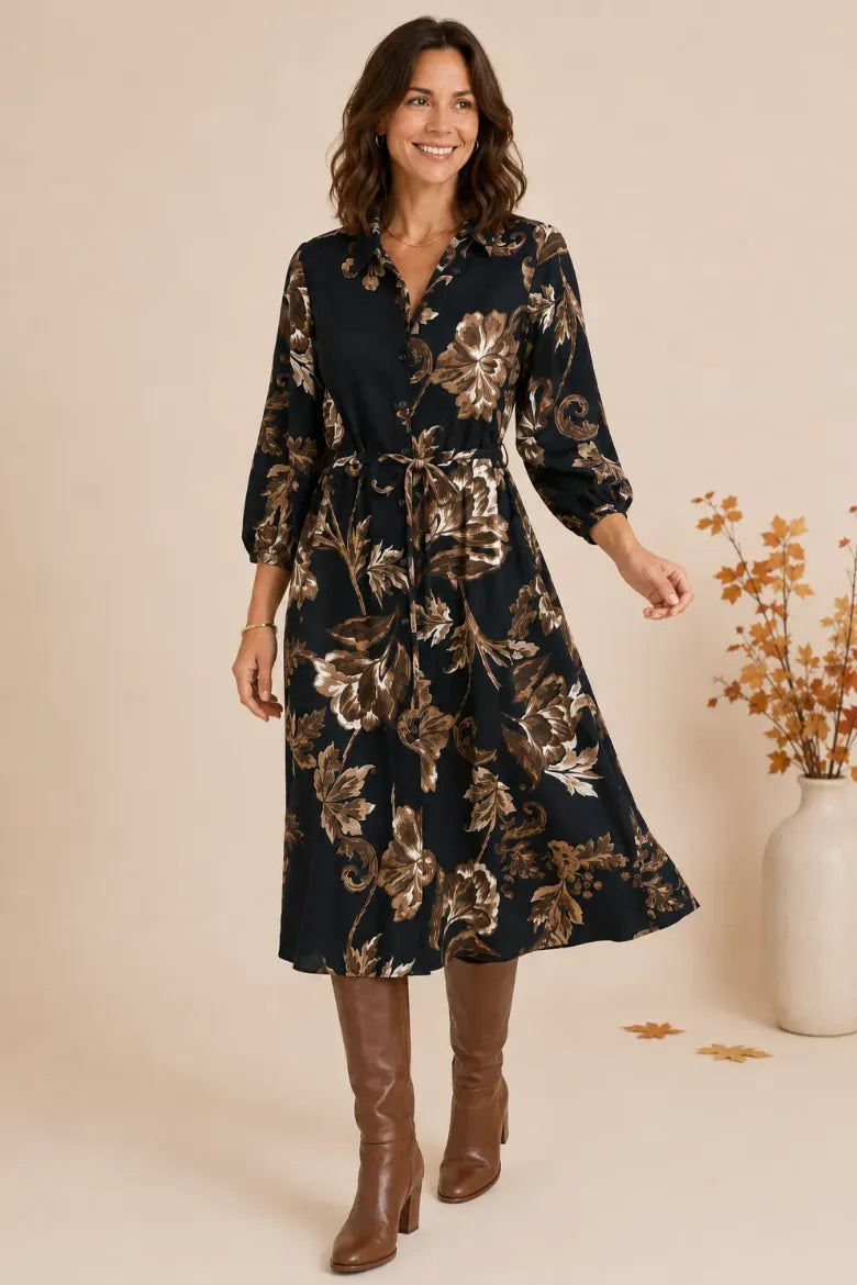 Linique Baroque Button Front Self Sash Midi Dress