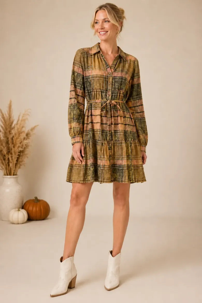 Flannel Self Sash Tiered Dress