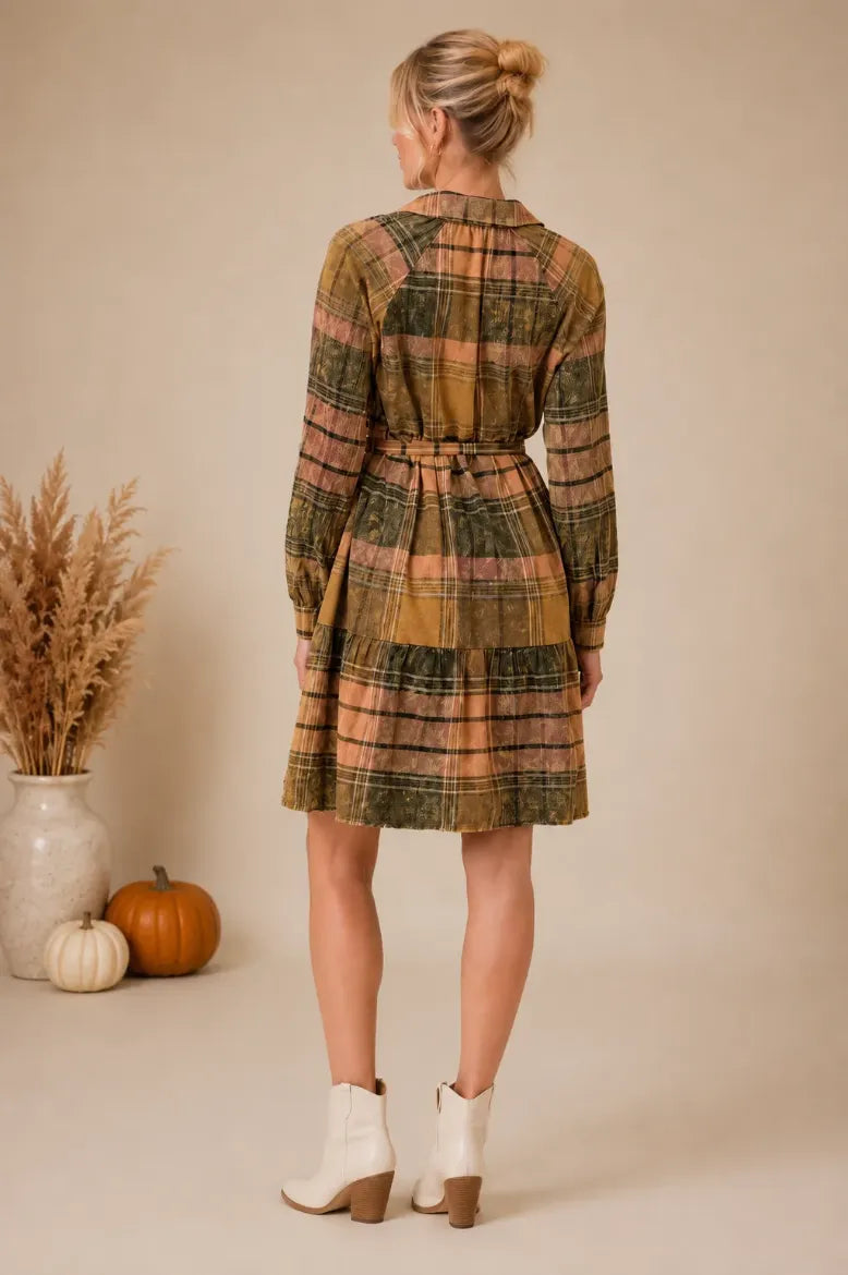 Flannel Self Sash Tiered Dress