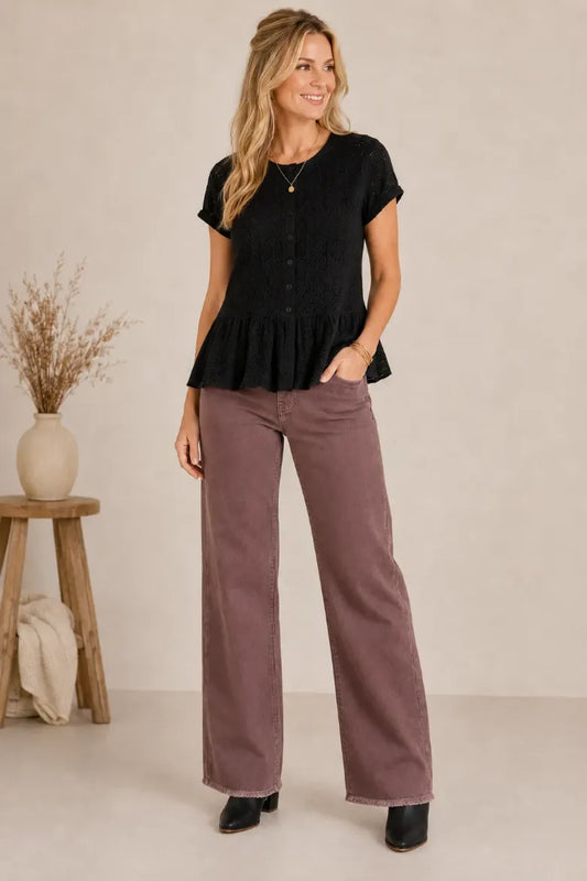 31" Inseam Wide Leg Fray Hem Jean - Chocolate