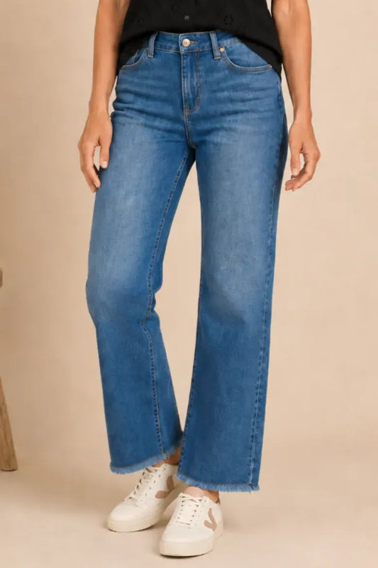 31" Inseam Wide Leg Fray Hem Jean - Medium Wash
