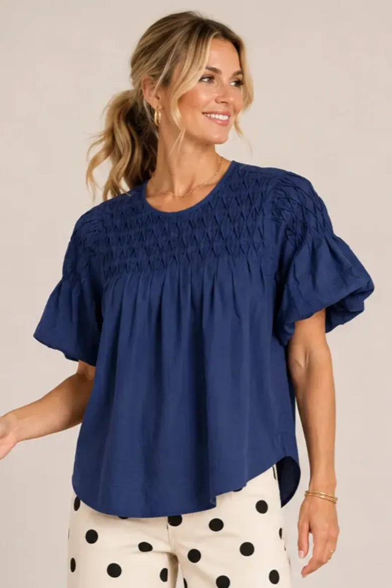Tencel Puff Sleeve Smocked Yoke Blouse