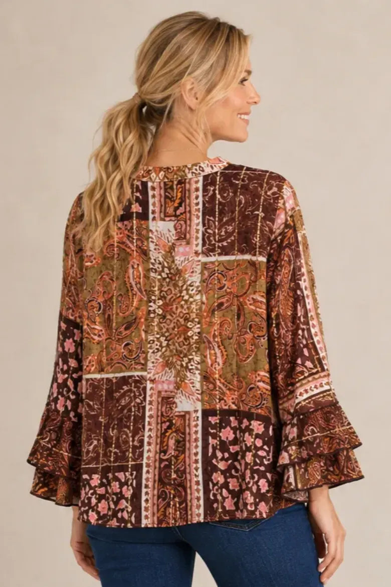 Paisley Crepe Lurex Ruffle Sleeve Blouse