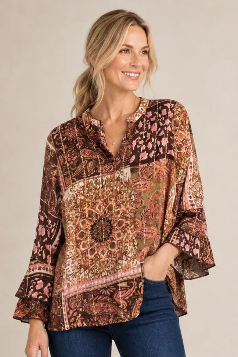 Paisley Crepe Lurex Ruffle Sleeve Blouse
