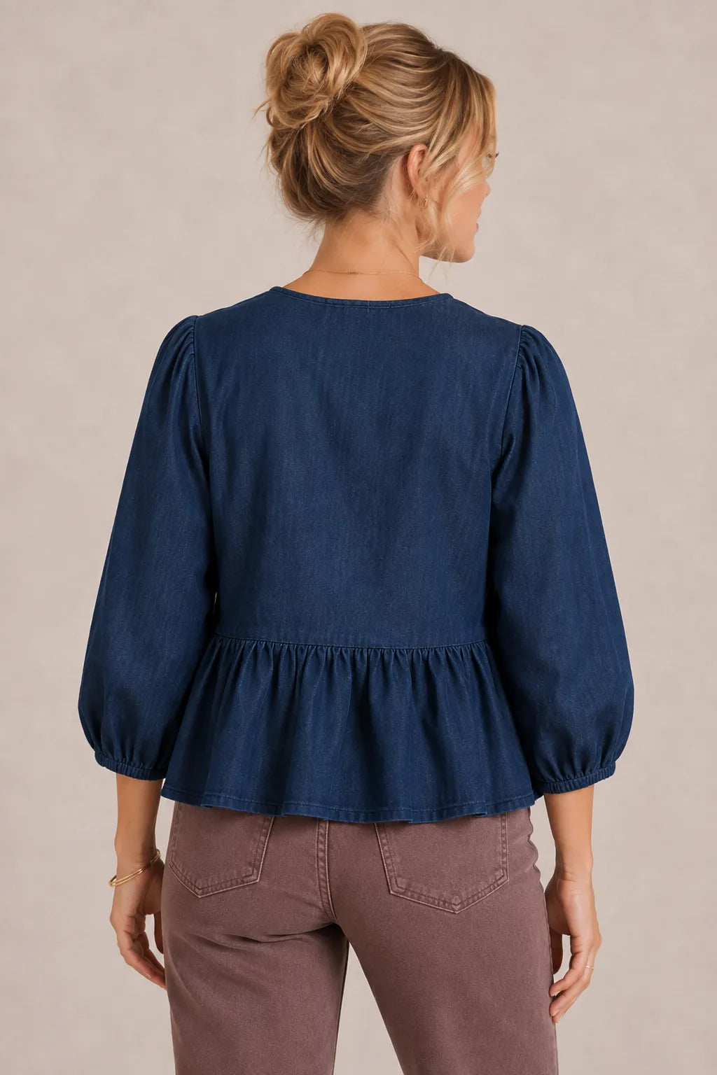 DENIM BOW TIE FRONT PEPLUM HEM BLOUSE