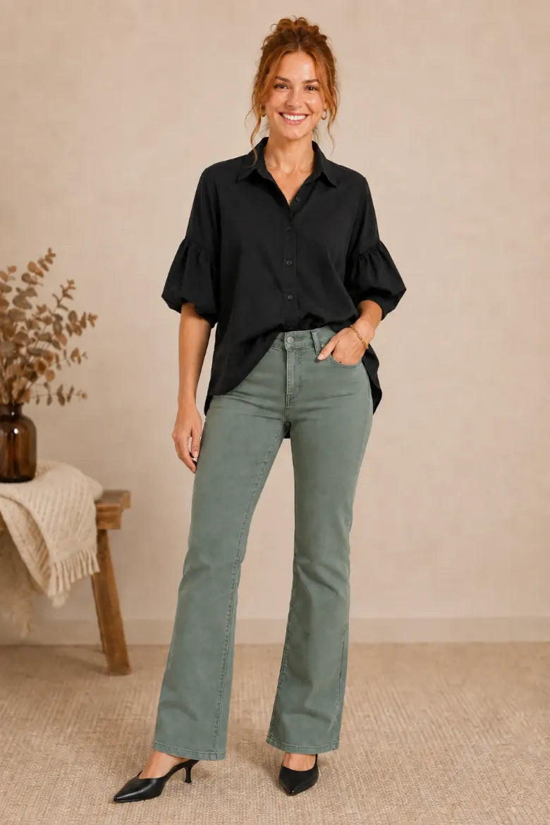 Tencel Puff Sleeve Button Front Shirt