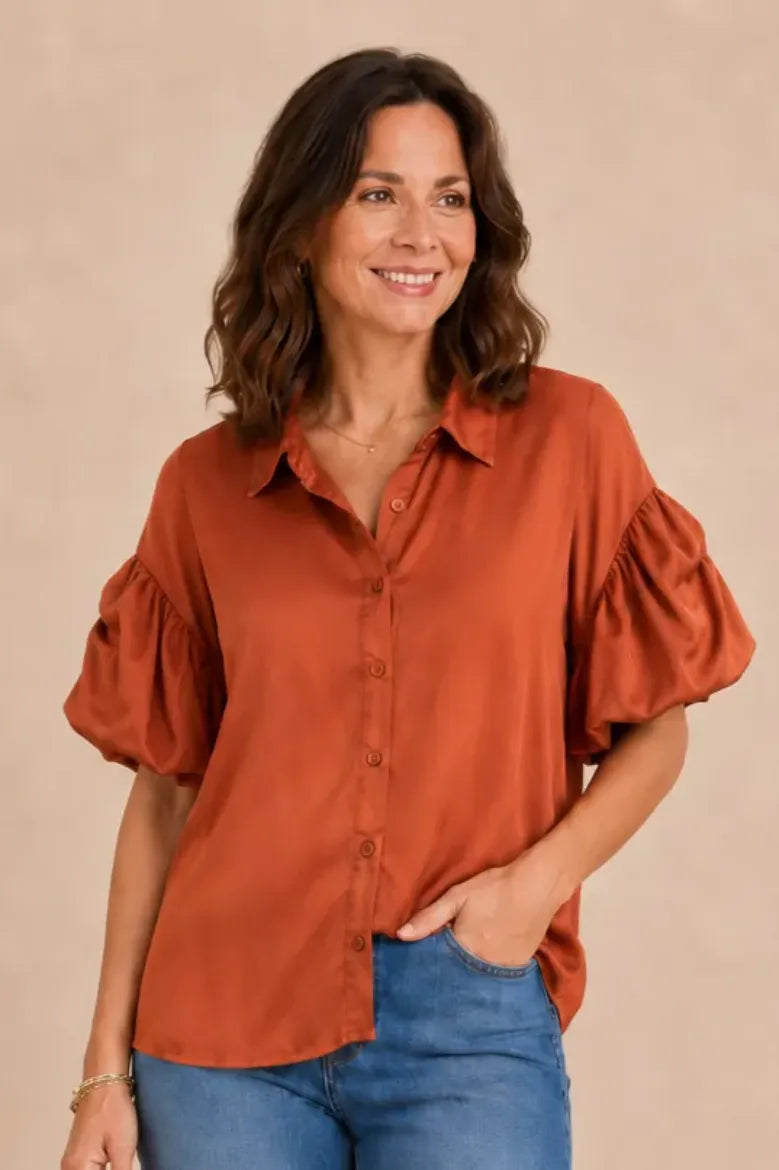 Tencel Puff Sleeve Button Front Shirt - Bombay Brown