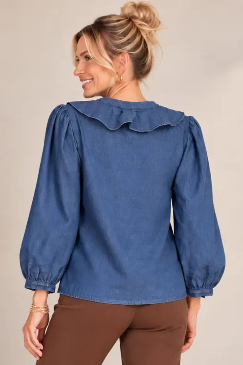 Denim Ruffle Button Down Top
