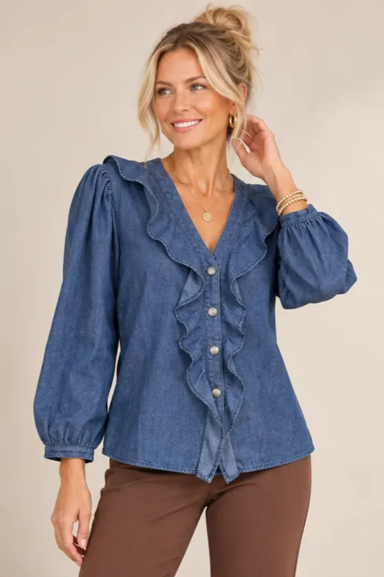 Denim Ruffle Button Down Top