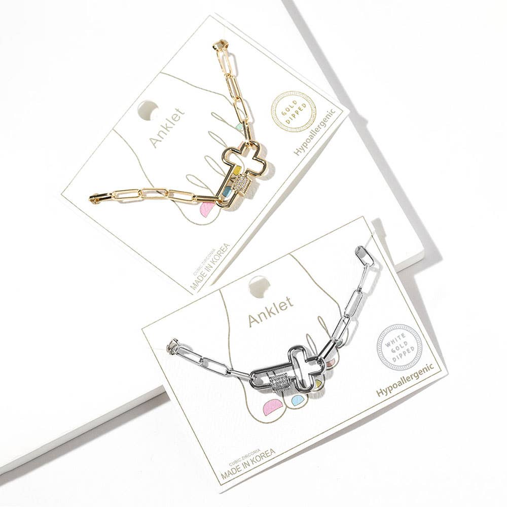 Gold Dipped CZ Stone Paved Open Cross Carabiner Paperclip Link Chain Anklet