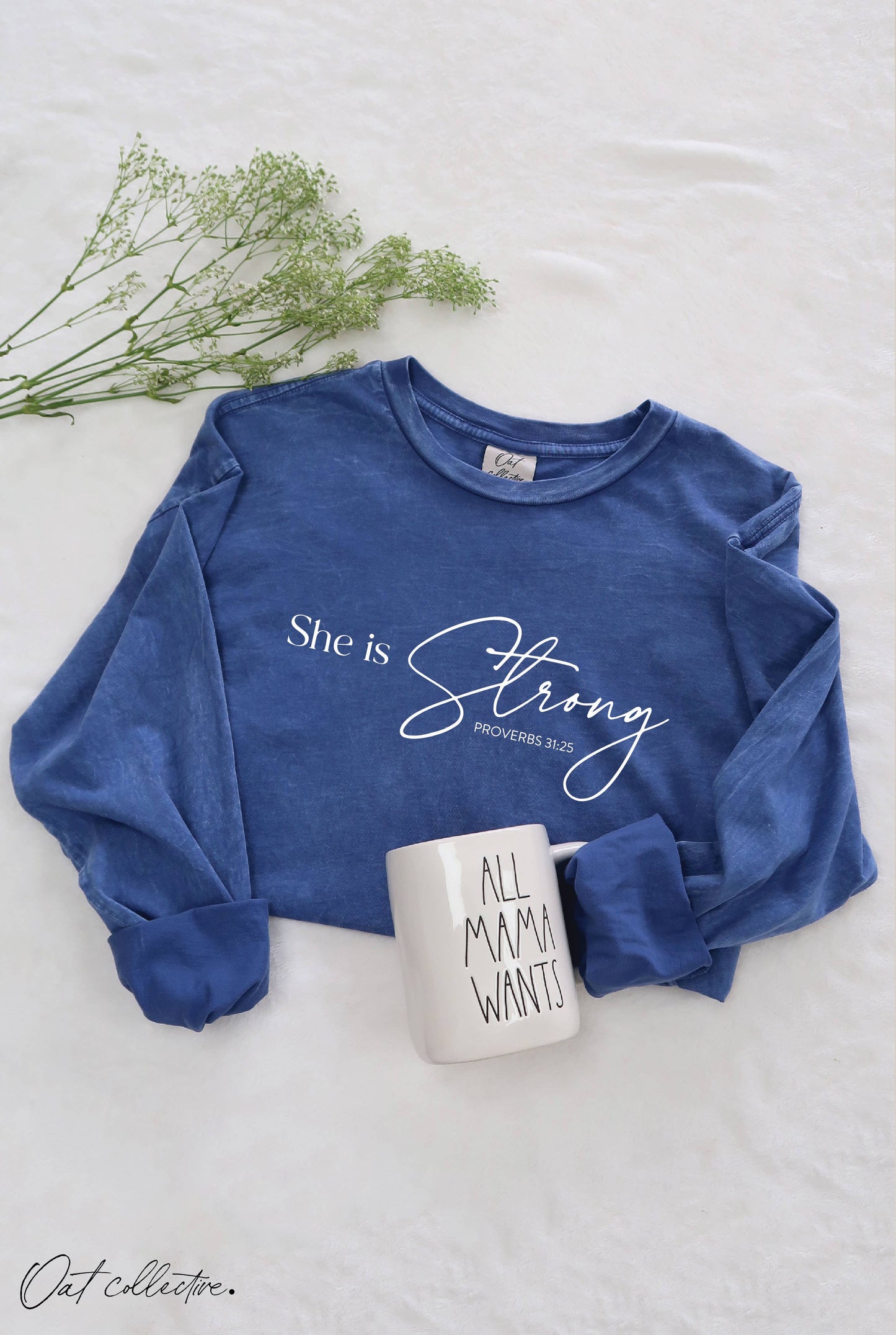 SHE IS STRONG  Mineral Washed Long Sleeve Graphic-Denim Blue