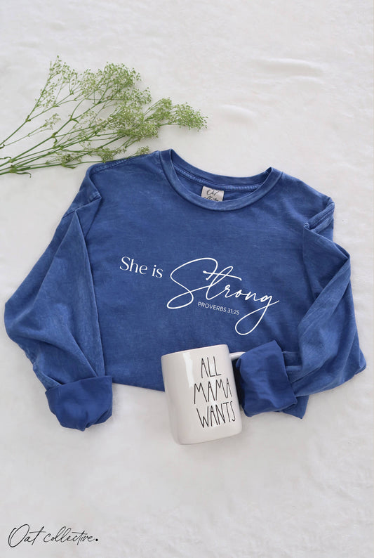 SHE IS STRONG  Mineral Washed Long Sleeve Graphic-Denim Blue