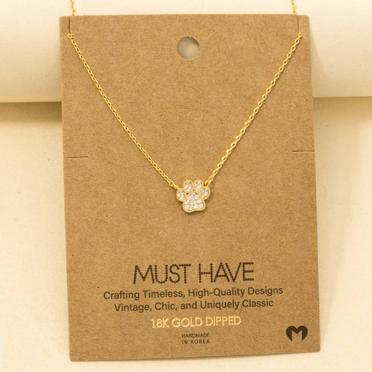 Gold Dipped CZ Pave Dog Paw Pendant Necklace