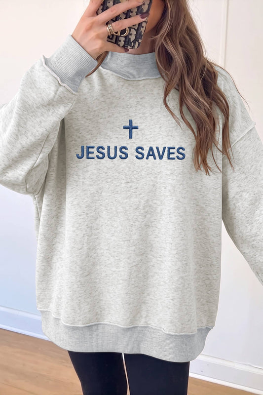 JESUS SAVES Embroidered Mock Neck Sweatshirt