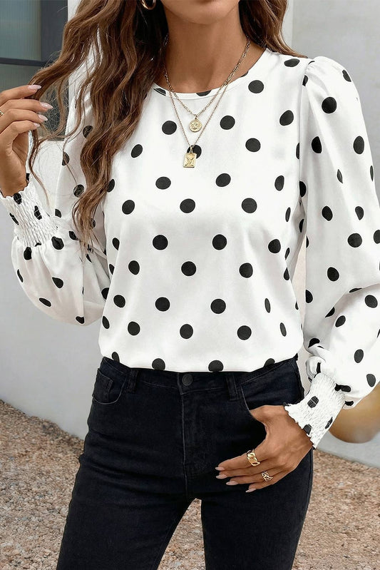 Polka Dot Print Round Neck Frilled Long Sleeve Blouse