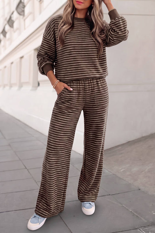 Soft Striped Print Pullover Pocketed Pants Set