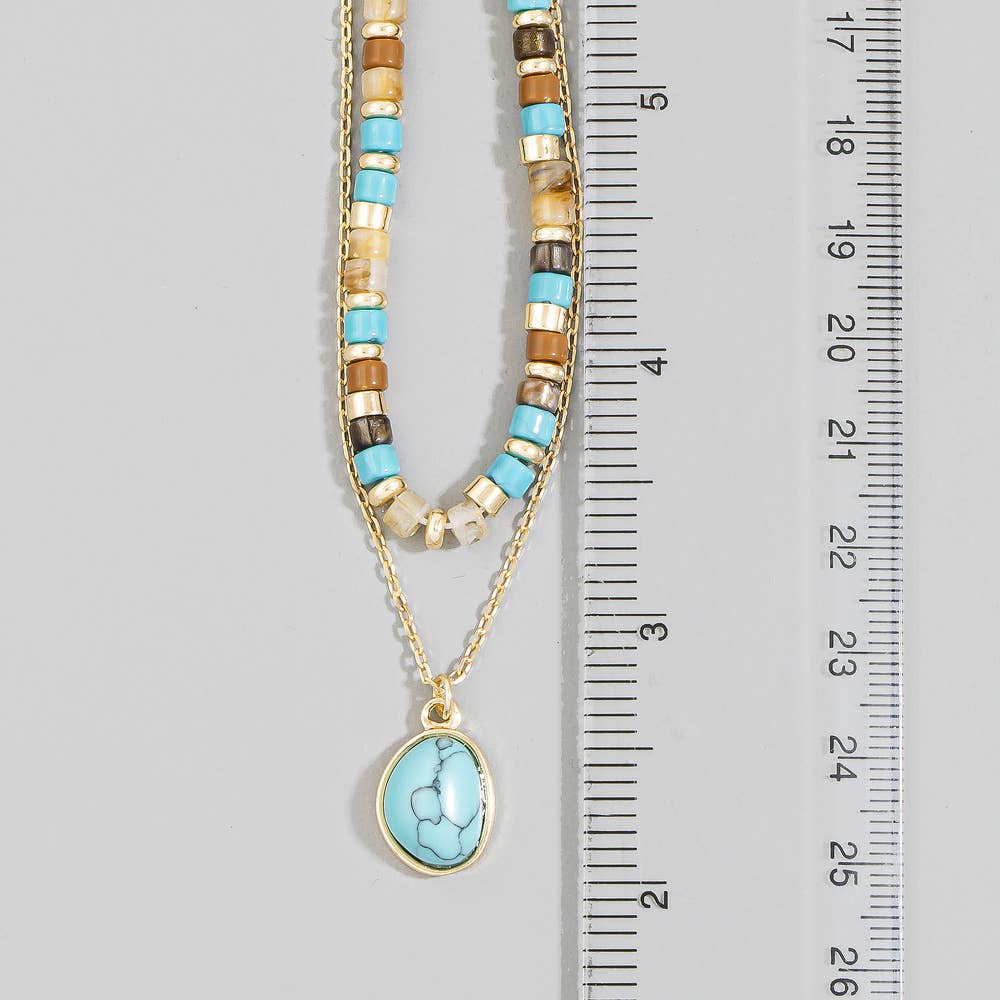 Layered Turquoise Stone Pendant And Bead Necklace