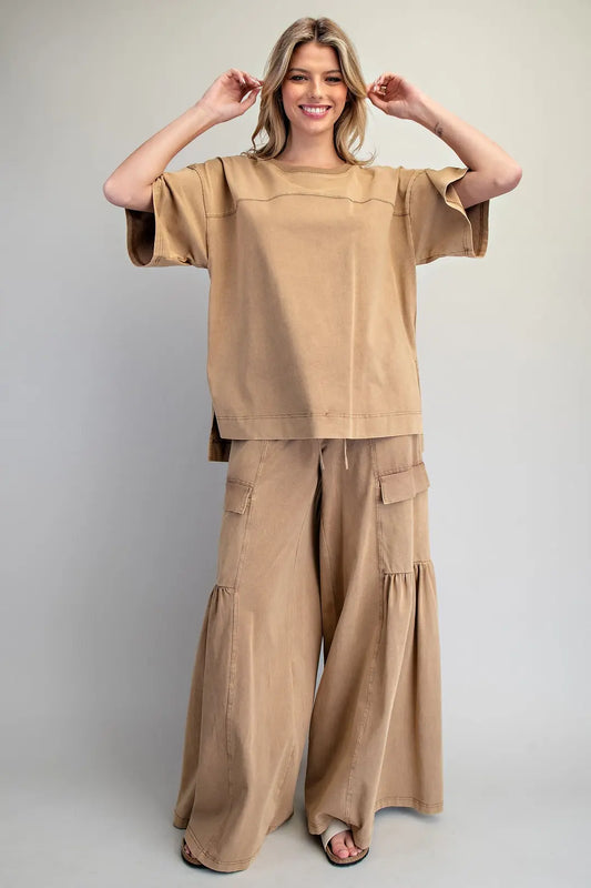 Mineral Washed Tiered Wide Leg Pants by EE:SOME