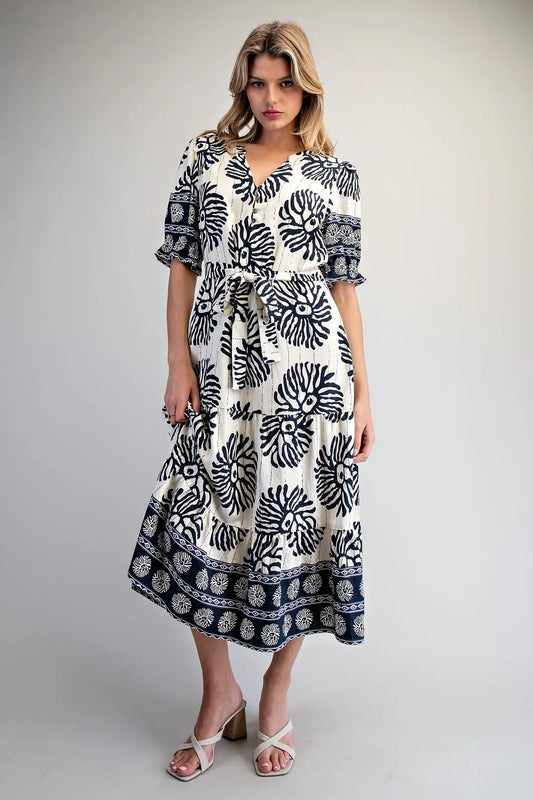 EESOME: Printed Waist Tie Midi Dress - Navy & White