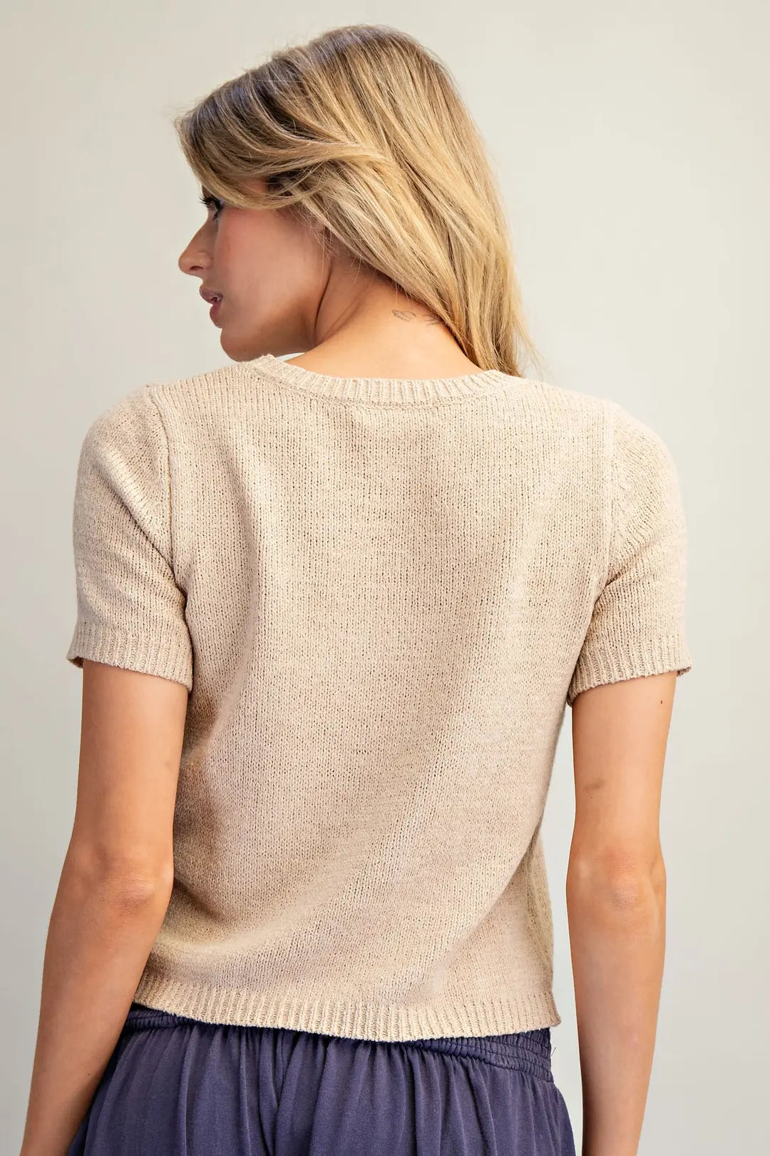 Solid Round Neck Short Sleeve Sweater Top by EE:SOME